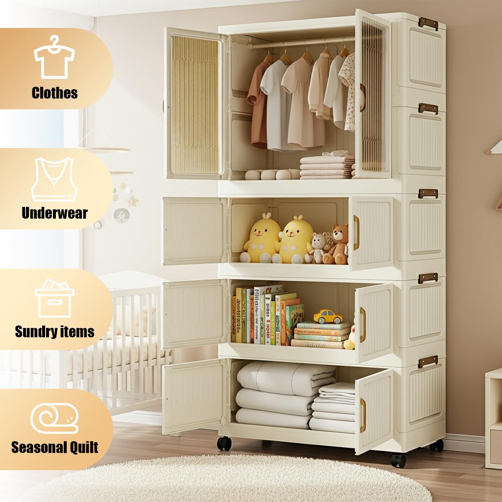 HASTHIP® Mobile Closet Wardrobe with Triple-Layer Drawer, 55x33x114cm Stackable Folding Cabinet with Door, Universal Caster Wheels with Brake, Freestanding Easy Wardrobe Home Organizer