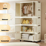 HASTHIP® Mobile Closet Wardrobe with Triple-Layer Drawer, 55x33x114cm Stackable Folding Cabinet with Door, Universal Caster Wheels with Brake, Freestanding Easy Wardrobe Home Organizer