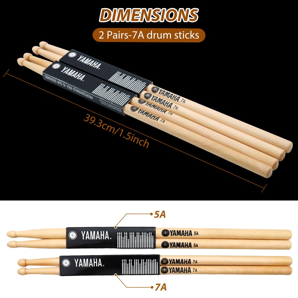 7A Drum Sticks Maple Drumsticks, 2 Pair 15.5inch Drum Sticks Set, Wood Drumsticks Drum Accessories for Adults & Youth, Oval Wood Tip, Perfect for Pros and Beginners