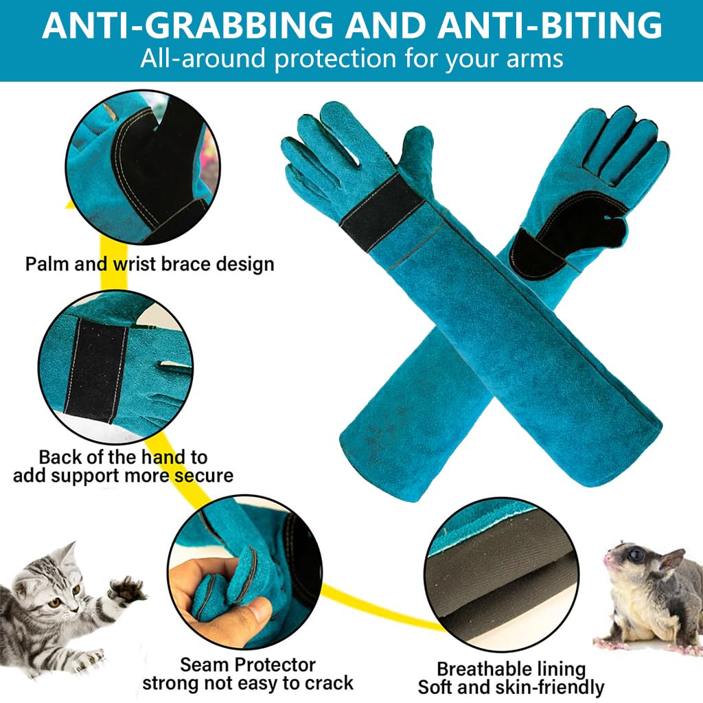 HASTHIP® Animal Handling Gloves 23.6'' Long Leather Bite & Scratch Resistant Gauntlet, Heat & Puncture Proof Safety Gloves for Dog Cat Bird Reptile Snake Falcon Welding BBQ Fireplace Use