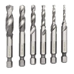 6 Pcs Spiral Tap Drill Bit Set, Titanium Coated HSS Fluted Machine Screw Tap Kit, 1/4" Hex Shank Countersunk Tap Drill Bit, Drill Taps Metric M3 M4 M5 M6 M8 M10 (Silver)