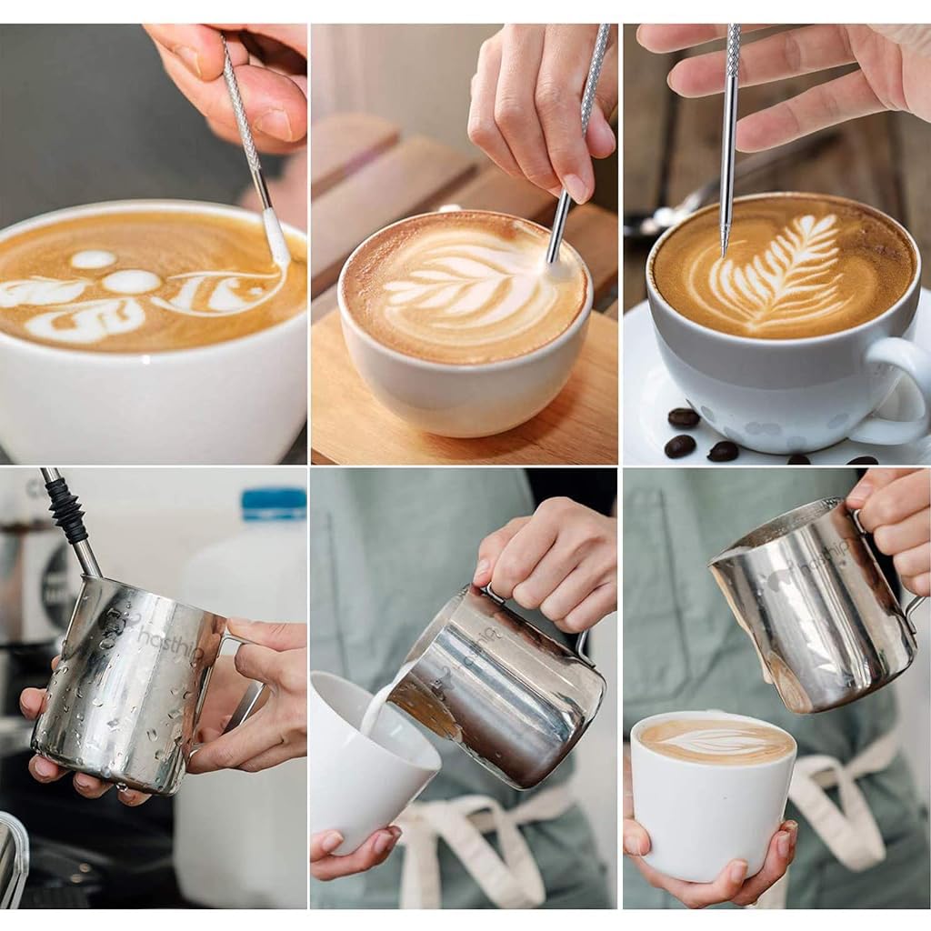 HASTHIP Milk Frothing Pitcher 20oz with Scale and Decorating Pen for Latte Art | Stainless Steel Barista Tool