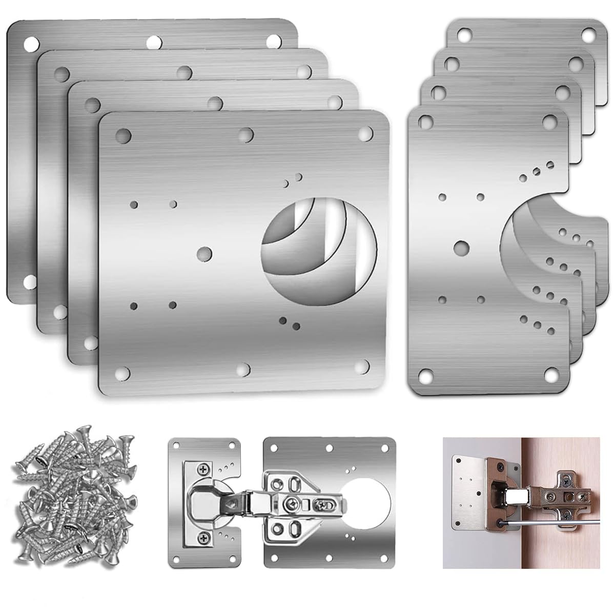 HASTHIP® Juego de 8 Placas de Reparación Bisagras Acero Inoxidable,Kit Refuerzo para Puertas Armario y Muebles Cocina con Tornillos,Placa Montaje para Reparar Bisagras