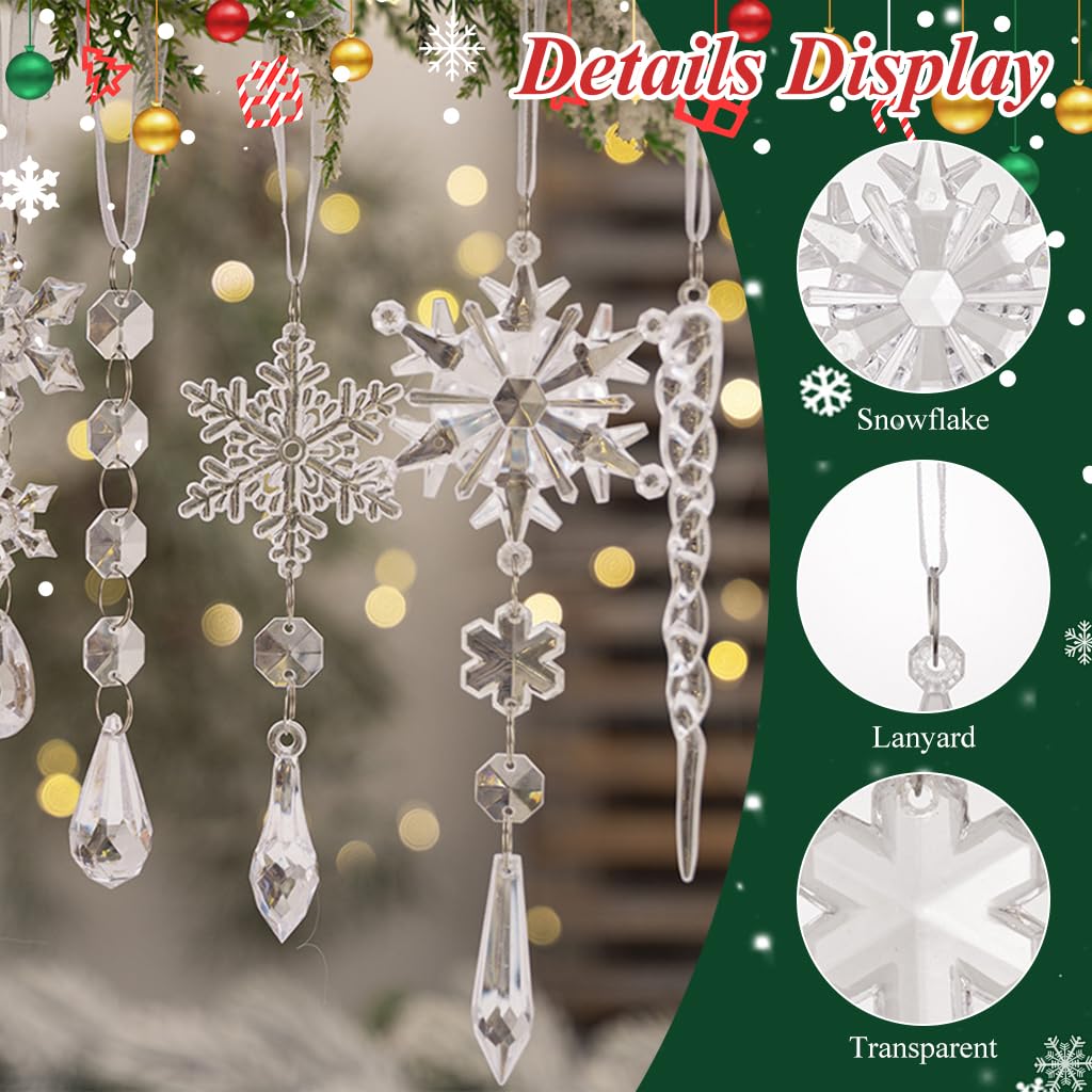 HASTHIP Christmas Tree Hanging Ornaments for Festive Decor featuring 18pcs Crystal Acrylic Snowflake and Icicle Designs
