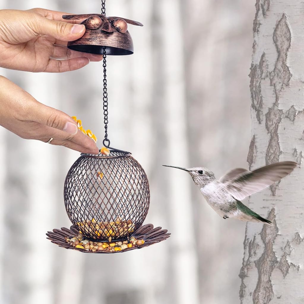 HASTHIP Outdoor Bird Feeder for Garden and Patio with Floral Bottom Tray 14.5x15cm Iron Mesh Owl Design
