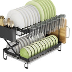 HASTHIP Kitchen Dish Rack with Double Layer Drain System and Utensil Storage | 40x28x31.5cm Carbon Steel