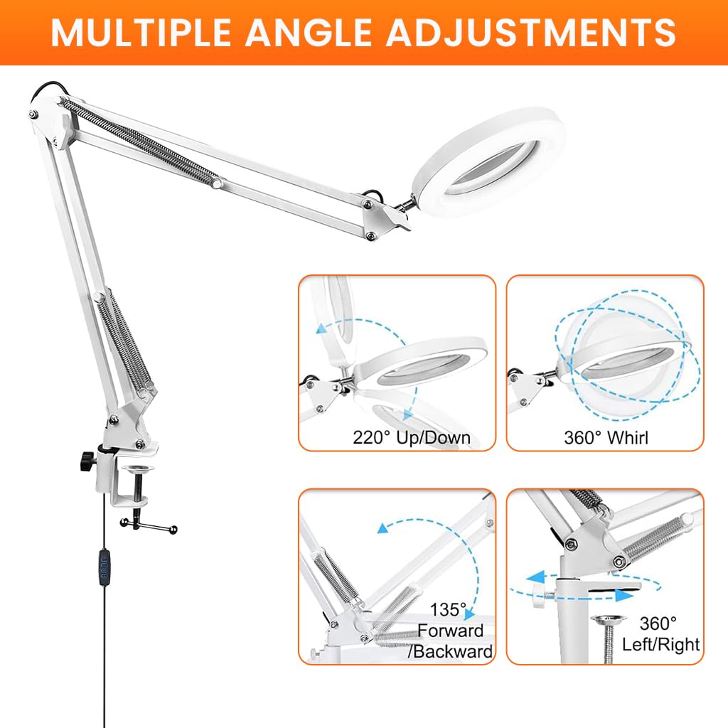 HASTHIP Desk Magnifying Glass for Crafting and Electronics Repair with 5X Lens | Flexible Metal Arm and USB LED Light