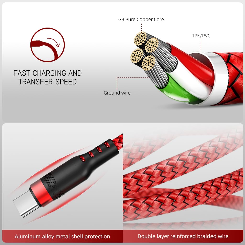 HASTHIP® Cable de Carga USB C 16.4ft 3.1 Tipo C para iPhone 15,62W PD,Transferencia de Datos 480Mbps Cable Extra Largo Nailon Trenzado Compatible con Teléfonos Tabletas PS5 - Rojo