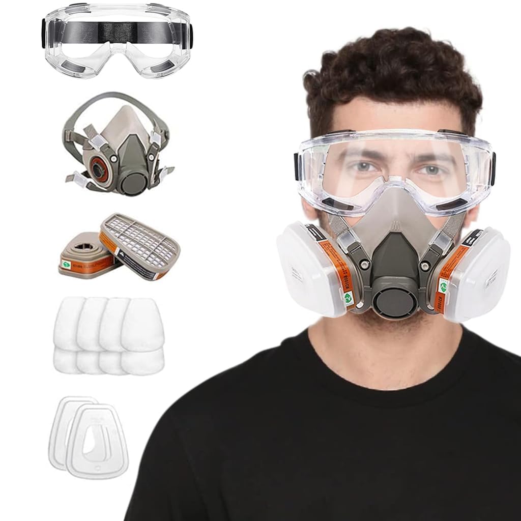 HASTHIP® Respirator Mask Reusable Half Face Gas Cover 6200 Half Facepiece Reusable Respirator with Anti-Fog Safety Goggle, for Painting, Organic Vapor, Welding, Polishing, Woodworking