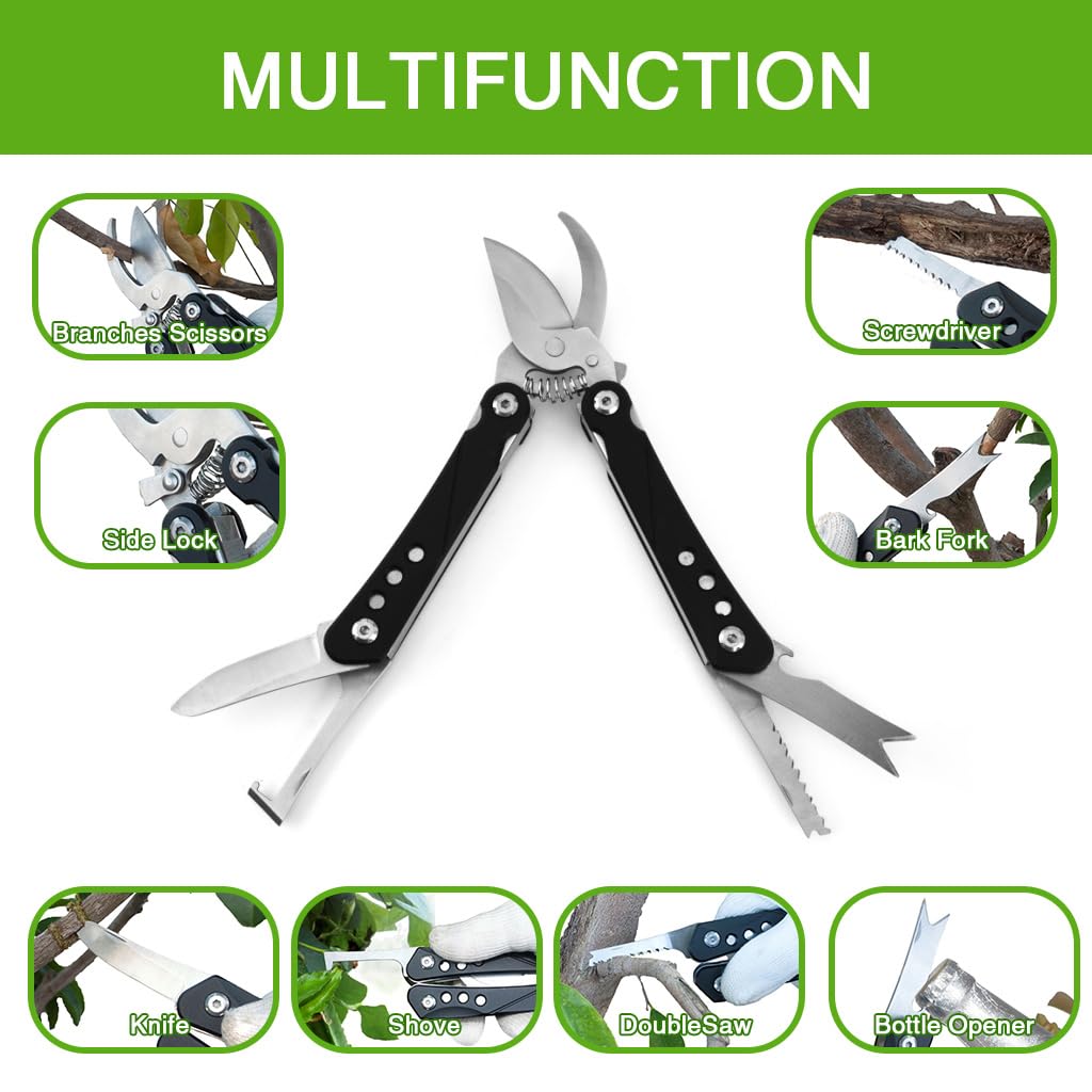 HASTHIP Gardening Scissors for Trimming and Grafting with 5 Built in Mini Tools | Stainless Steel Spring Loaded Folding Pruner