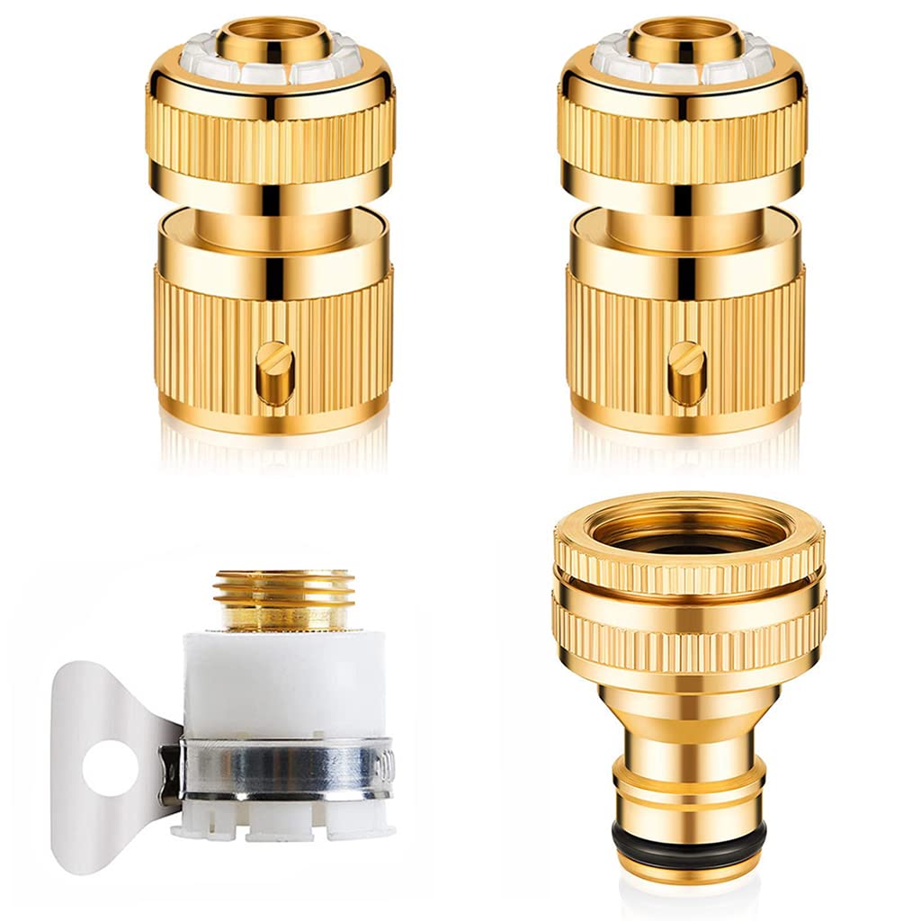 4Pcs Universal Tap Connector, Brass Pipe Connector for Tap, Garden Hose Quick Connectors, 1/2 & 3/4 Inch Universal Faucet Adapter Tap Connector Sets for Garden Bathroom Kitchen Outdoors