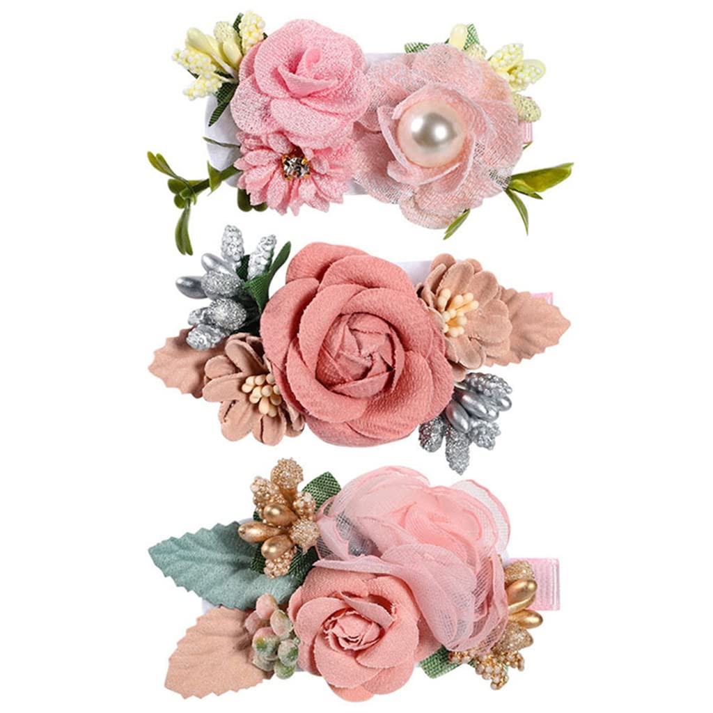 HASTHIP® Clips para el Cabello de Flores de Gasa 3 Piezas,Barrettes Francesas Cola Baja,Horquillas Florales Hechas a Mano para Mujeres Niñas y Bebés Accesorios Pelo Elegantes - Rosa