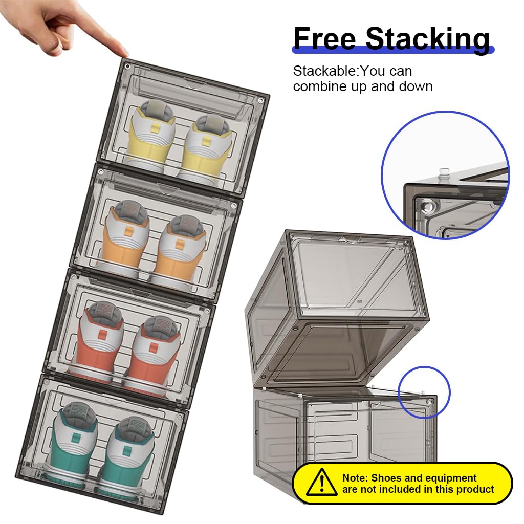 4 Packs Shoe Box Plastic Shoe Storage Separate Shoe Box with Magnet Door Stackable Shoe Organizer Universal Size Sneaker Shoe Box for Men Shoes Box for Women