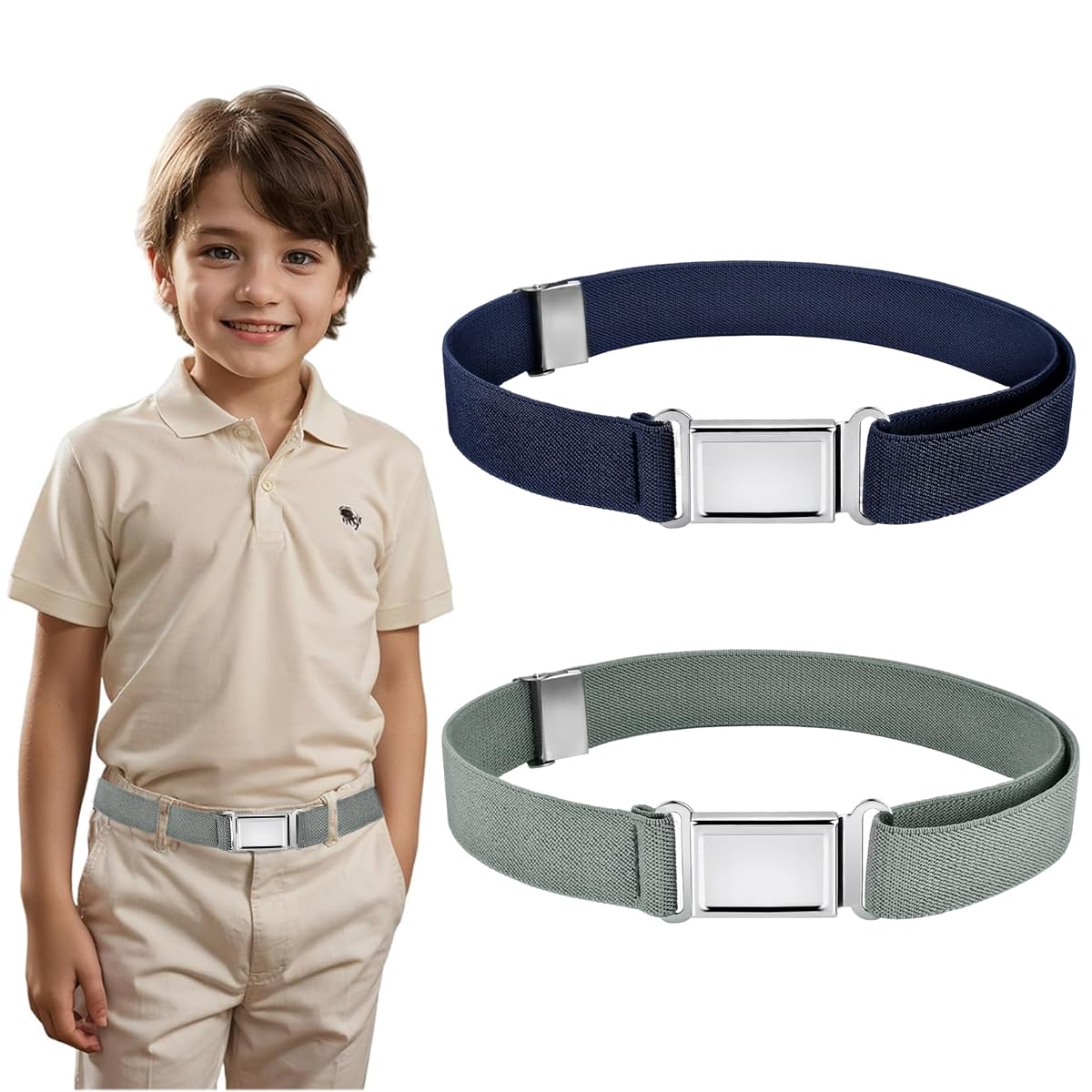 HASTHIP® Cinturones Elásticos para Niños 2 Piezas,Cinturón Ajustable para Niños y Niñas con Hebilla Plateada,Cinturón Infantil Cómodo y Flexible - Gris Azul Marino
