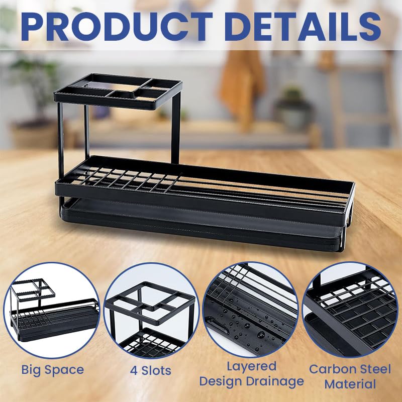 HASTHIP Toothbrush Holder for Bathroom with Pull Out Drip Tray and Cup Drain Rack | Metal Black Organizer Stand