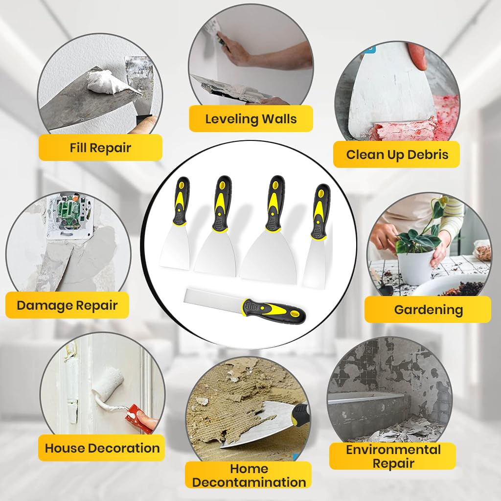 HASTHIP Putty Scraper Set for Drywall Repair featuring Anti Slip Handles and 5 Stainless Steel Blades