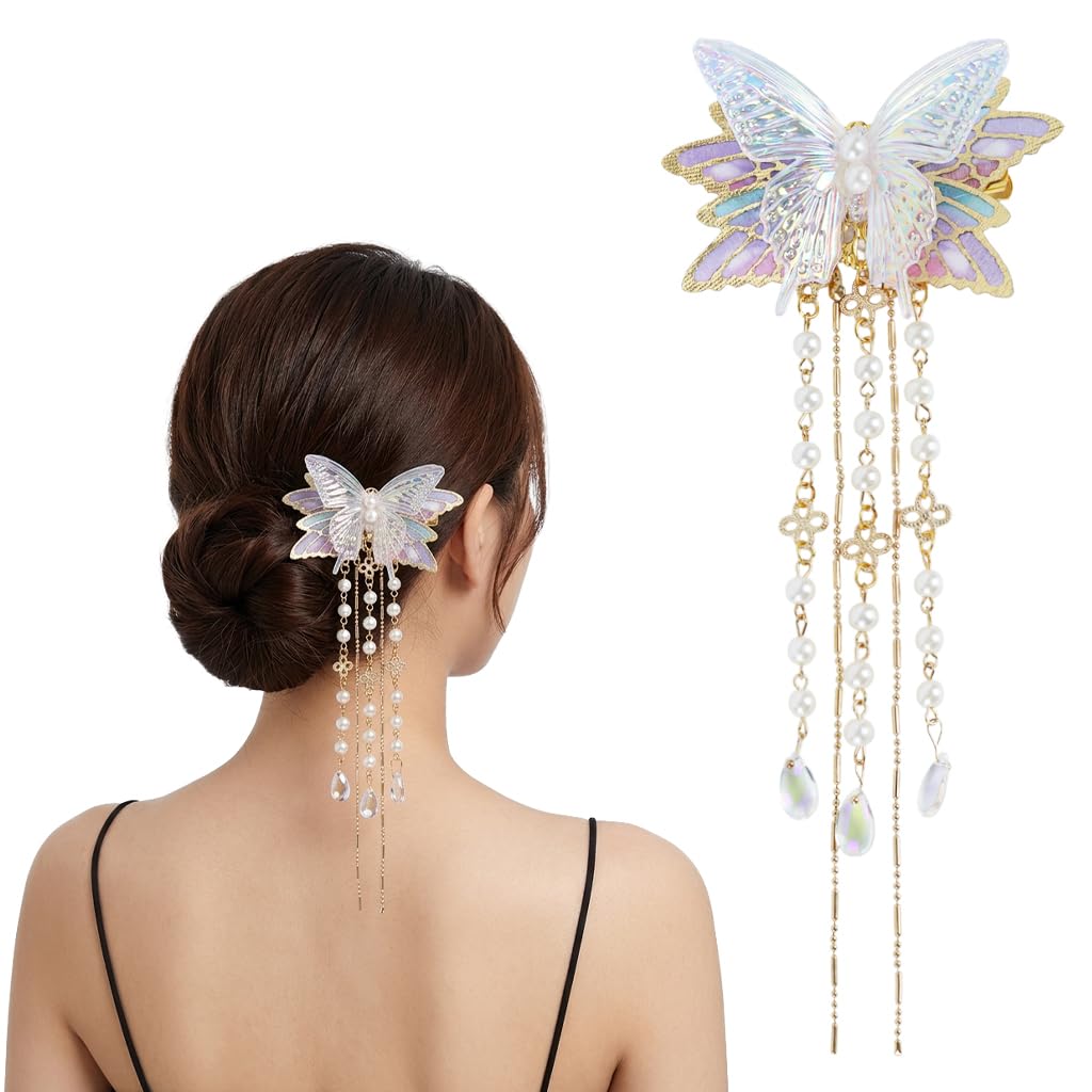 HASTHIP® Butterfly Tassel Hair Clip para Mujeres y Niñas, Iridescent Fairy Hairpin con Perlas y Cadenas, Accesorio Elegante para Peinados