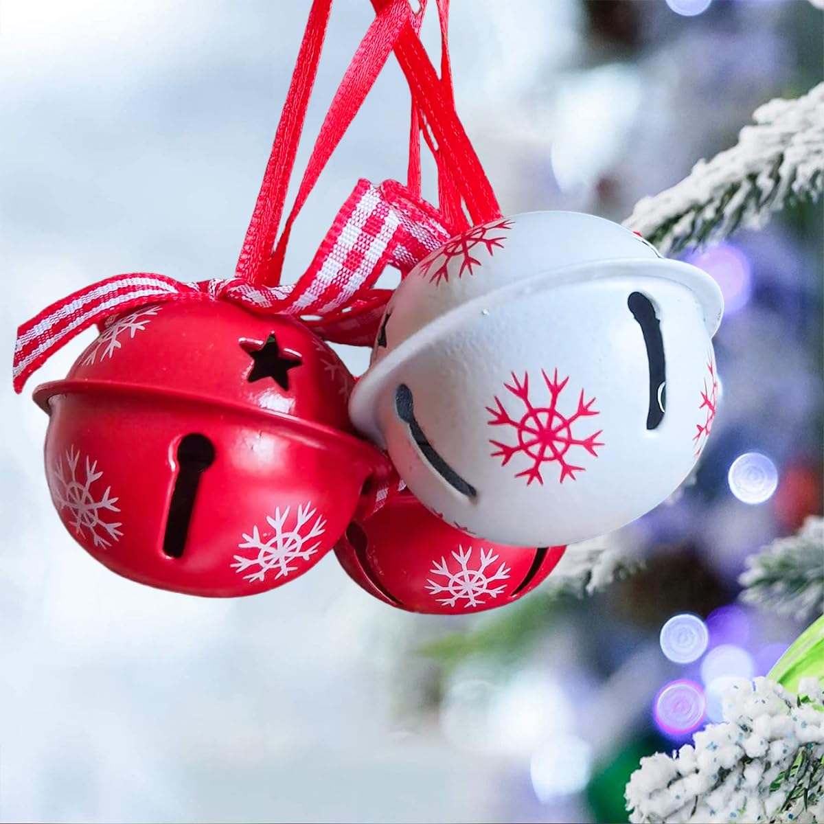 HASTHIP Christmas Bell Ornaments for Tree Decorating with 12 Metal Bells and Checkered Ribbons | Green Red White Holiday Décor