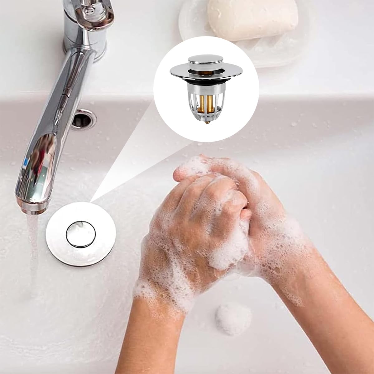 HASTHIP Kitchen Sink Strainer for 1.33–1.57 in Drains with Pop Up Stopper | Brass Silver Plug
