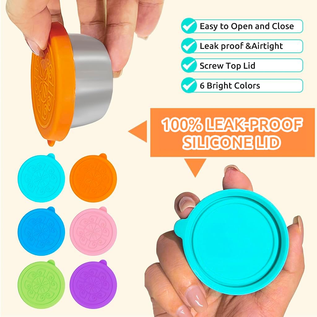 HASTHIP® 6 Pack Small Condiment Containers with Lids, 40ml Leakproof Salad Dressing Container To Go, Stainless Steel Sauce Container with Silicone Lids, Reusable Small Dipping Sauce Cups