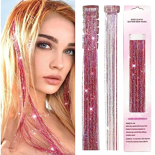 HASTHIP® 6 extensiones de cabello con purpurina y clip, color rosa, 52 cm, brillantes, para festivales