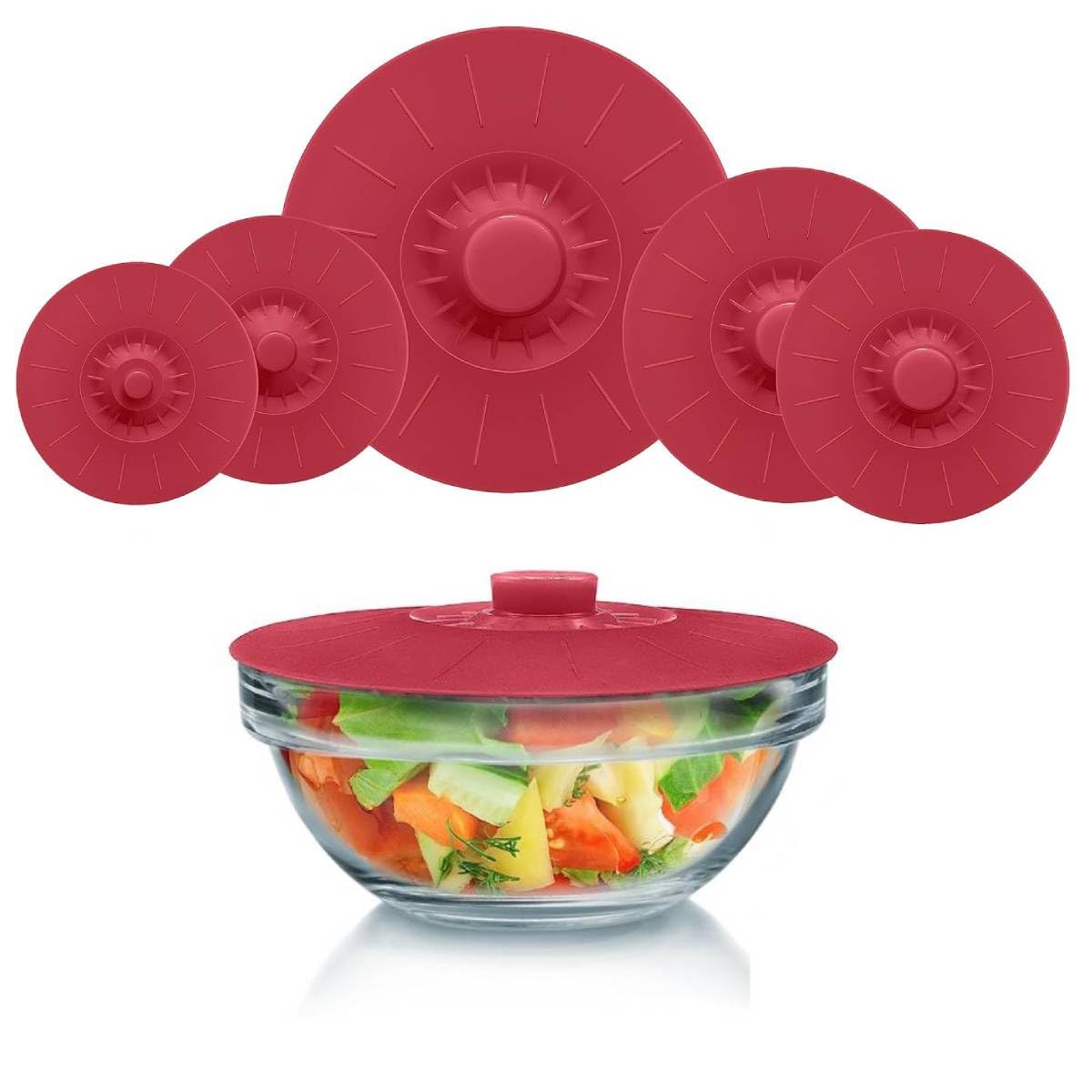 HASTHIP Silicone Bowl Covers for Pots and Containers featuring Suction Seal Lids 5 Sizes Red