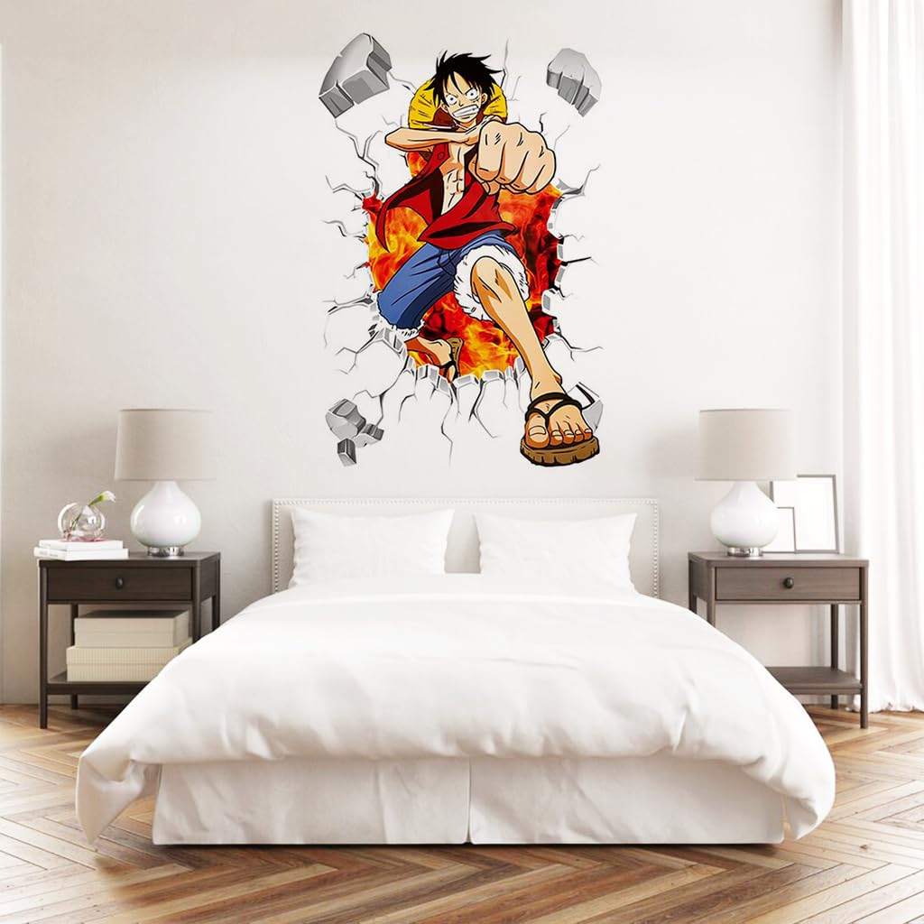 1 Sheet 3D Wall Paper Sticker Anime Onepiece Monkey D Luffy 3D Wall Paper Self Adhesive PVC Wall Paper Removable Cartoon 3D Wall Paper for Kids Room, Bed Room, Living Room, 19.6 x27.5 inches