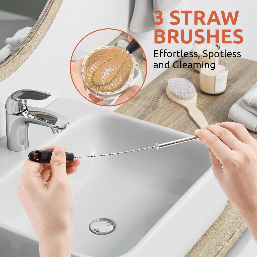 HASTHIP Bottle Brush Set for Water and Baby Bottles with 3 Pcs Ergonomic Handles | Straw Cleaner