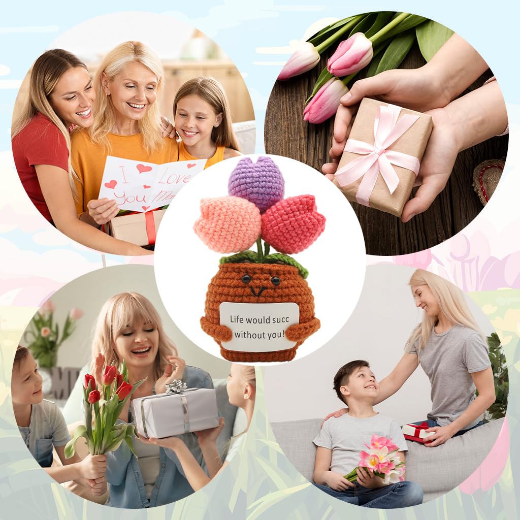 HASTHIP Positive Tulip for Desk and Home Decor with Smiley Pot and 7.3 in Crochet Flowers | Cheerful Gift