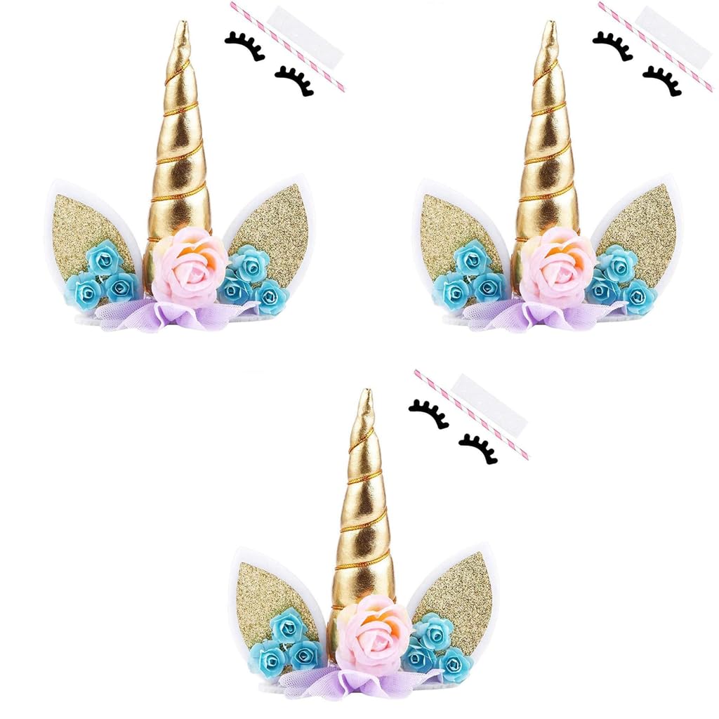 HASTHIP Unicorn Cake Topper for Birthday Parties featuring 5.8 in Gold Horn and Ears | Reusable Felt Decoration