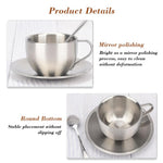 HASTHIP® Stainless Steel Coffee Cup Set, 6oz/180ml Double Wall Insulated Espresso Mugs with Saucer and Spoon, Durable Reusable Coffee Cups for Latte Cappuccino Milk Tea, Dishwasher Safe Silver