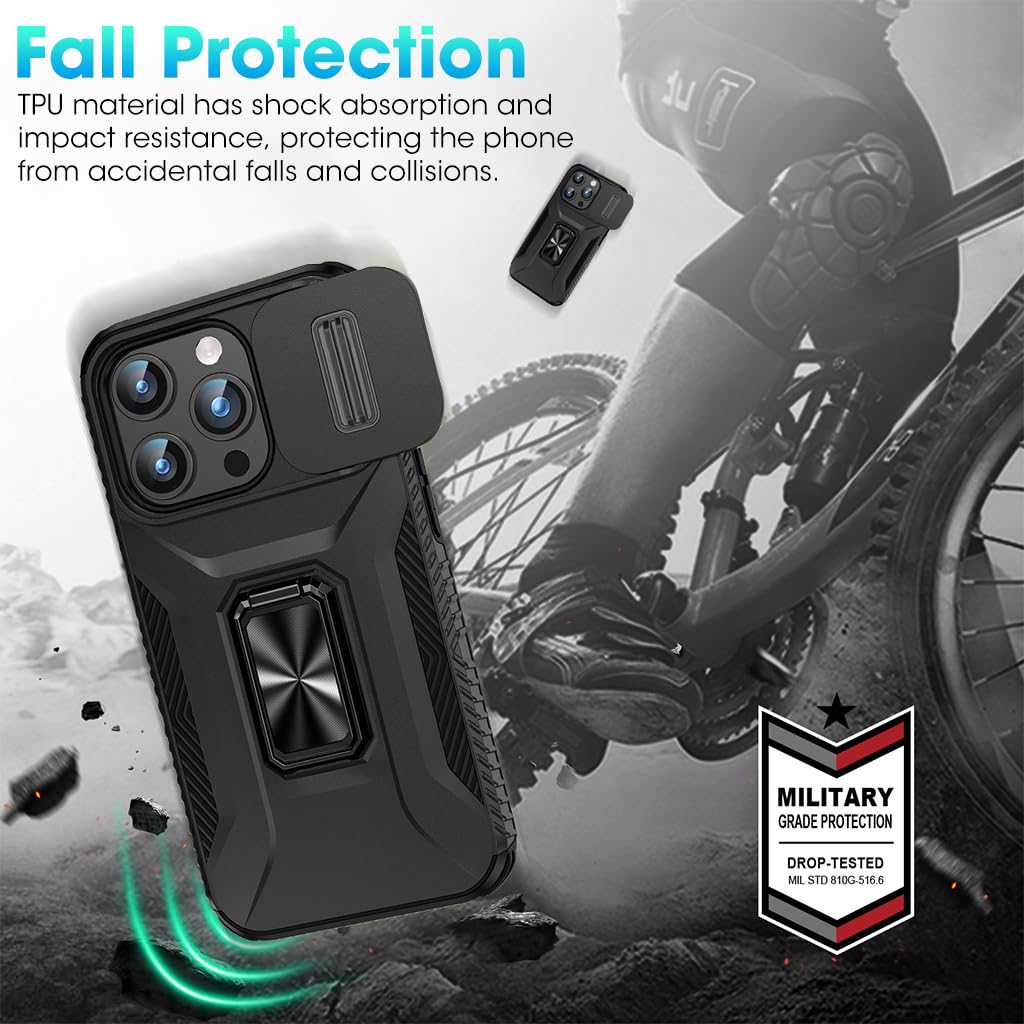 HASTHIP® Folding Phone Ring Grip & Sliding Camera Cover for iPhone 15, 6.1 Inch - Slim, Durable, Anti-Scratch, Shockproof Case with Kickstand - Multifunctional and Fashionable Design, Black