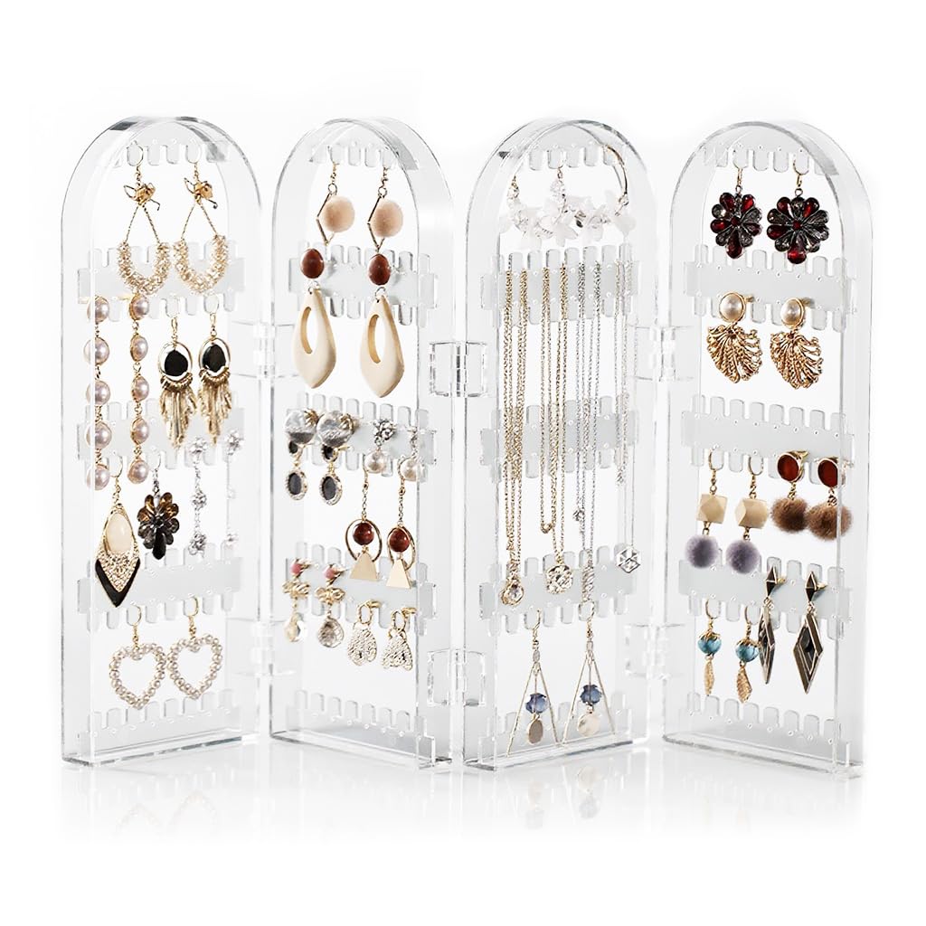 HASTHIP Earrings Display Stand for Desk with 4 Panel Folding Structure and Clear Design | Portable Jewelry Organizer