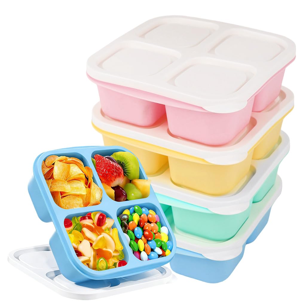 HASTHIP® Canfanni 4 Pcs Snack Box Containers Set, Reusable 4 Compartment Lunchable Container with 2Pcs Sauce Containers, Stackable BPA-Free Bento Box for School, Work, Travel (4 Color)-Multicolor