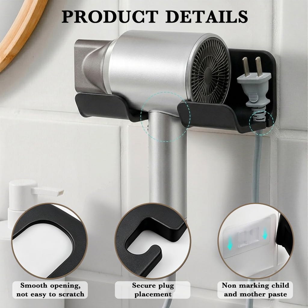 HASTHIP Self Adhesive Hair Dryer Holder Wall Mount with Plug & Cord Organizer (2 Pack)