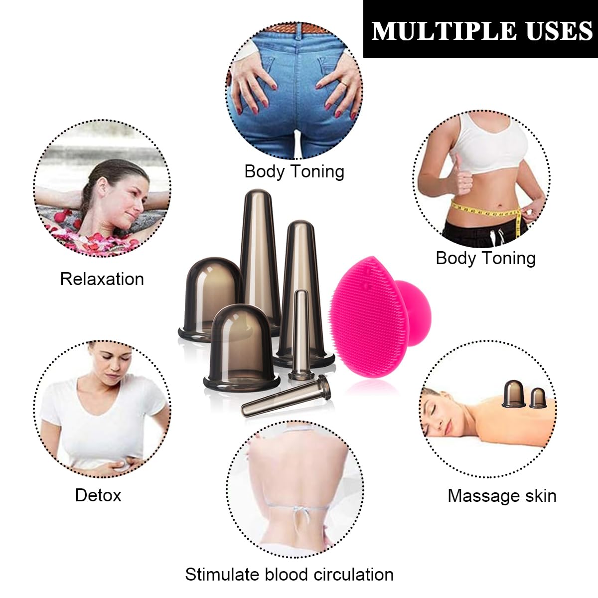 HASTHIP Facial Cupping Set for Skin Rejuvenation with 7 Pcs Multi Size Silicone Cups | Dual Action Exfoliating Brush