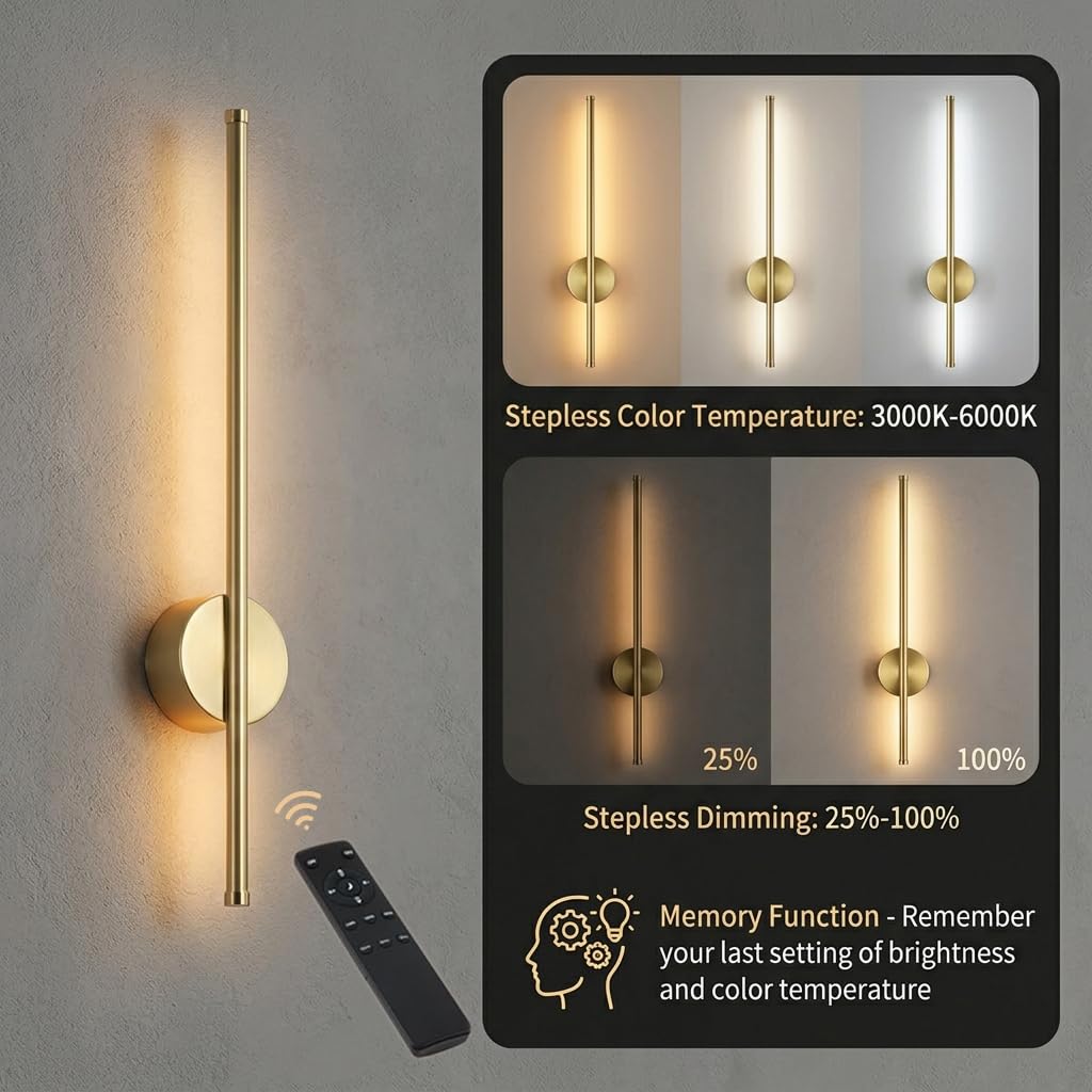 HASTHIP® Modern Wireless Wall Sconces with Rechargeable Battery, Dimmable LED Light with Remote Control, 3 Color Temperatures, 350° Rotation, 6000mAh Long Battery Life, Gold 23.6in for