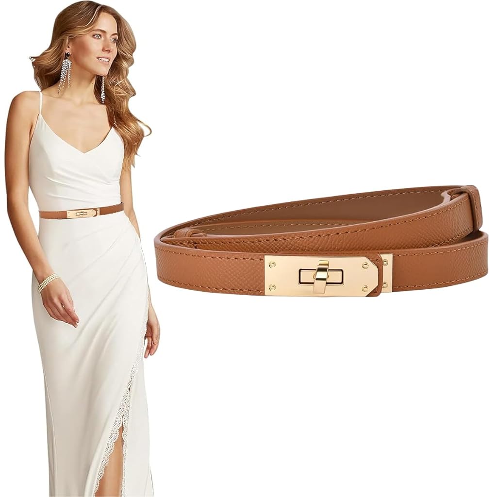 HASTHIP® Cinturón para Mujer de Cuero PU, Cinturón Elegante con Hebilla Metálica, Cinturón Ajustable para Vestido, Blazer o Traje, Estilo Casual y Formal (Marrón, 70-95cm)