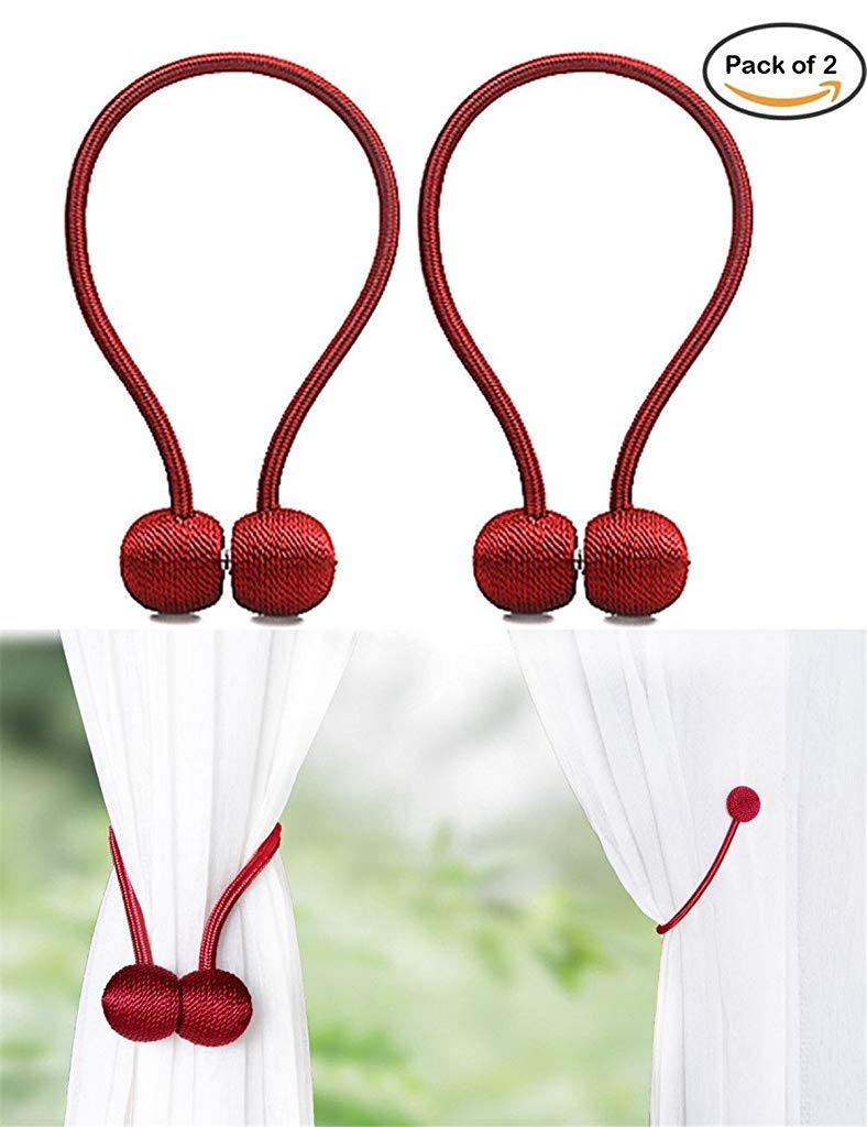 HASTHIP Magnetic Curtain Tiebacks for Home and Office with Strong Nickel Magnet 40cm Rope | Red Pack of 2