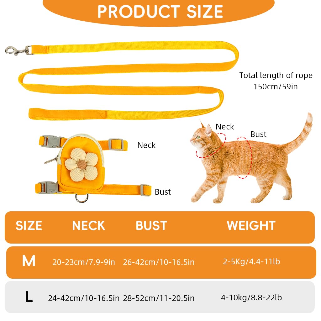 HASTHIP®Dog Cat Harness and Leash Set, Fabric Webbing Puppy Harness with Matching Leash, Mini Zipper Pouch & Cute Yellow Flower Accent, for 2-5kg Small Dogs Cats, L & M (Yellow, M)