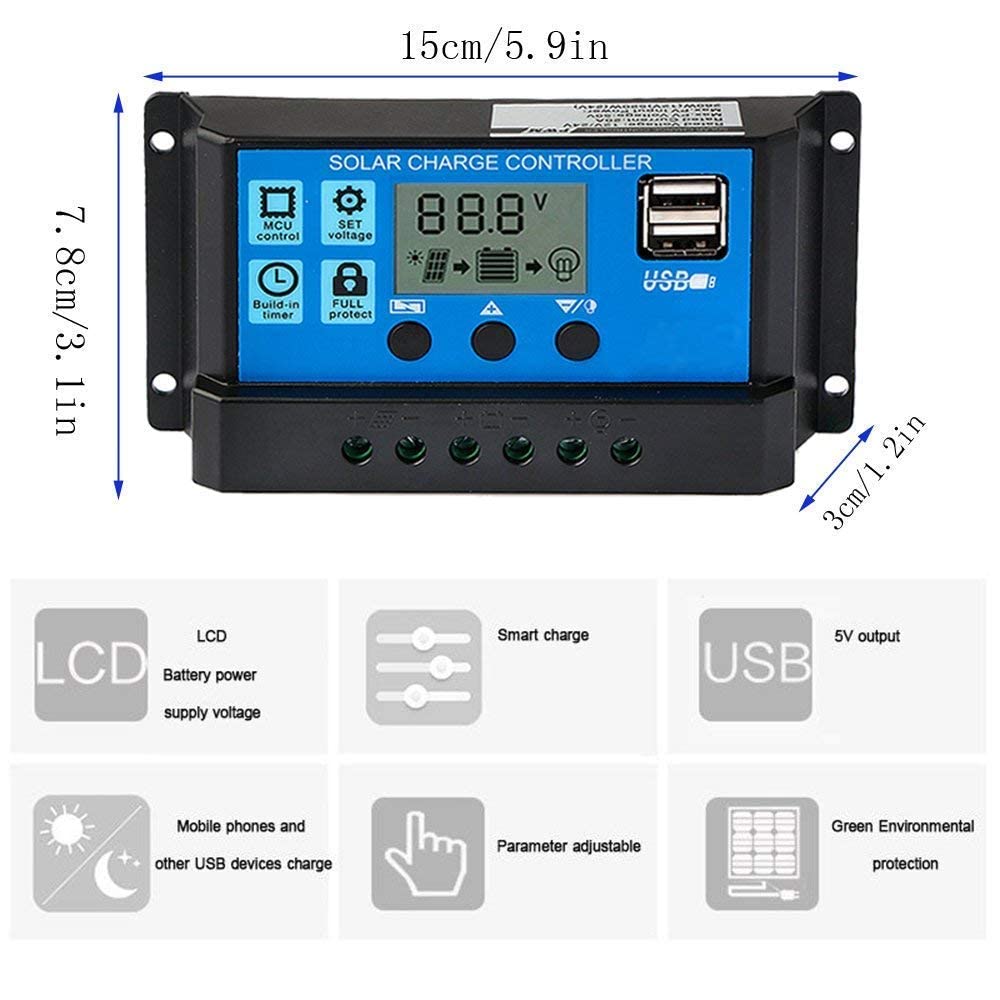 20A 12V/24V Solar Charge Controller Solar Panel Controller Intelligent Regulator with Dual USB Port 5V Light Timer Control LCD Display