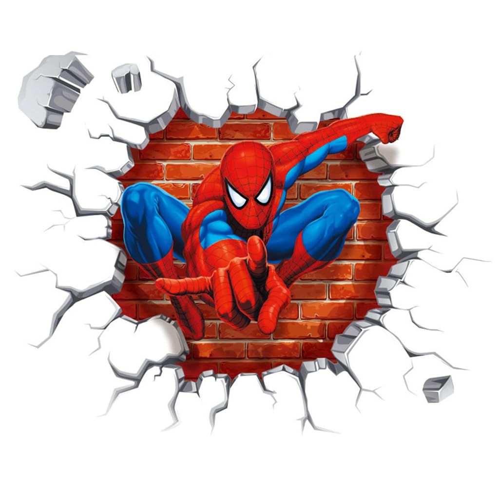 1 Sheet 3D Wall Paper Sticker Superhero Spiderman 3D Wall Paper Self Adhesive PVC Wall Paper Removable Cartoon 3D Wall Paper for Kids Room, Bed Room, Living Room, 19.6 x19.6 inches