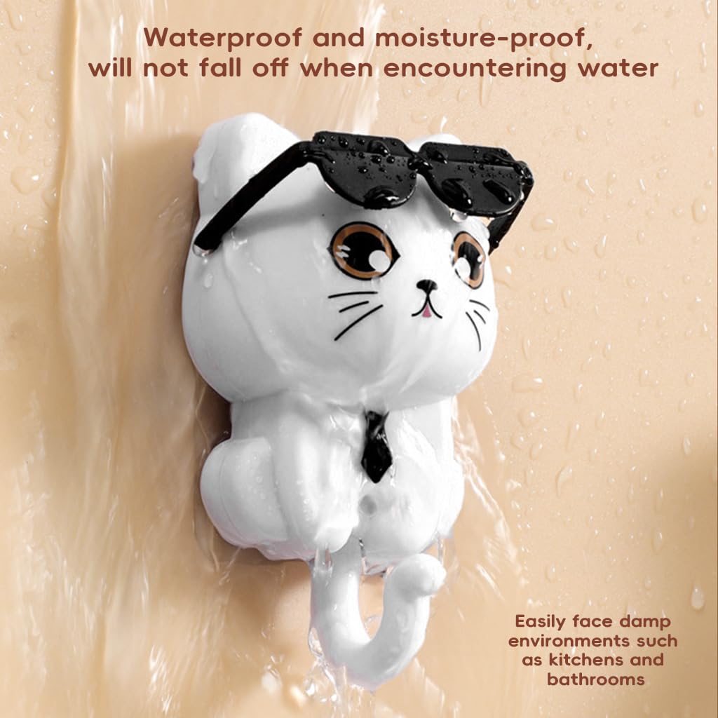 HASTHIP Cat Wall Hooks for Kitchen and Bathroom with Curved Tail Design | 3Pcs White PVC Set
