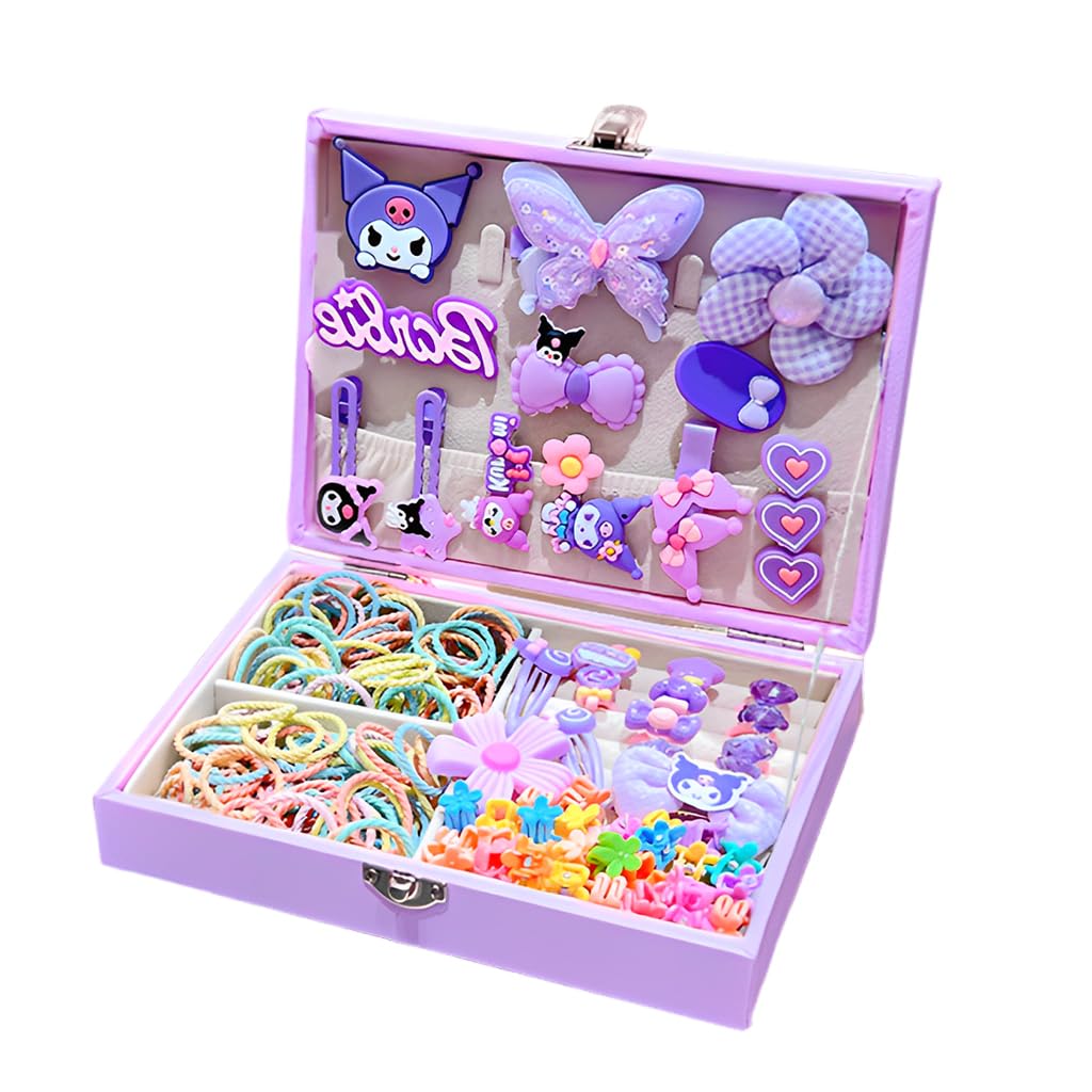 HASTHIP® Accessories Kuromi themed hair accessories gift set for girls with mixed hair ties and clips in decorative box,compatible with daily styling needs and designed for creative play