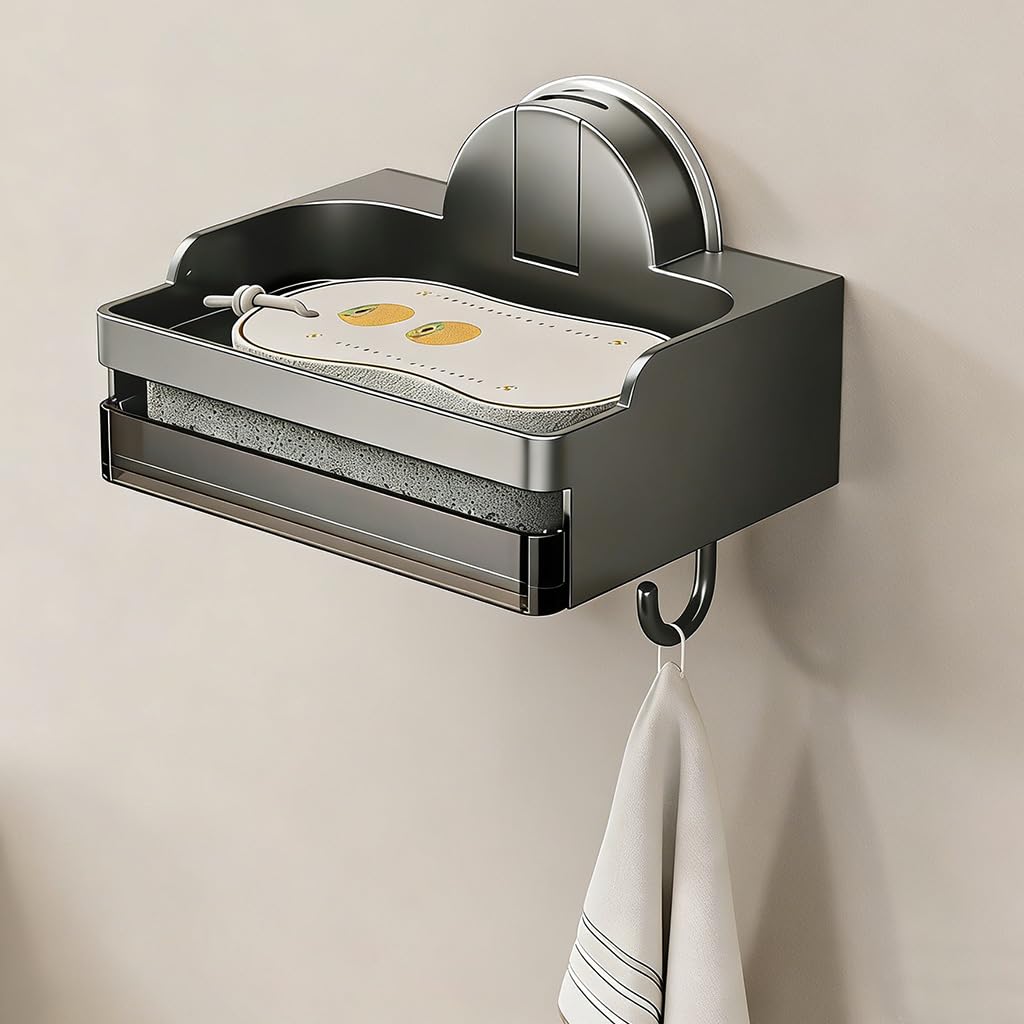 HASTHIP® Wall Mounted Soap Tray Dish with Suction Cup, Self-Draining Double-Layer ABS Soap Holder for Shower, Bathroom, Kitchen Sink, Drill-Free Installation, 12.5×10×7.5 cm