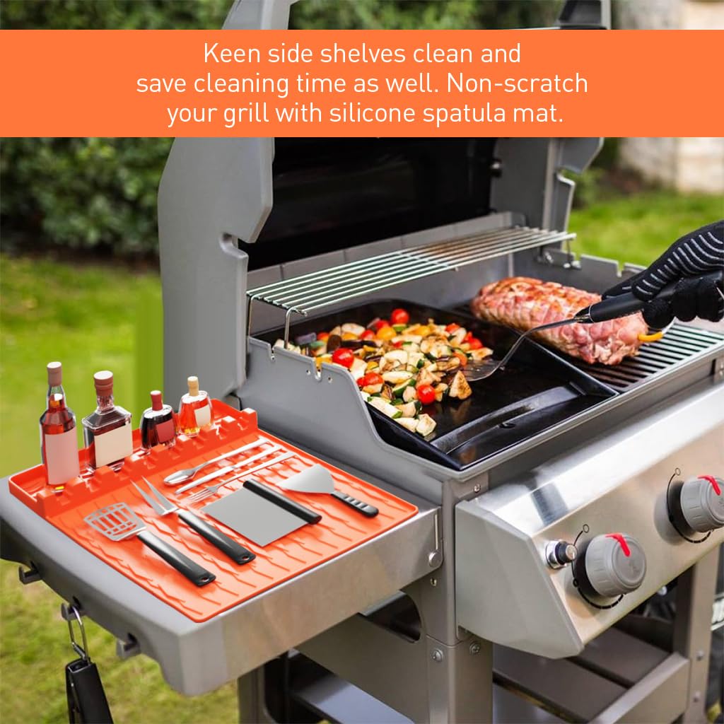 HASTHIP® Silicone Grill Mat Compatible - Utensils Organizer Mat - Kitchen Drain Mat - Silicone Griddle Tools Mat with Drip Pad - Heat Resistant Grill Mat - Seasoning Bottles Tray & Kitchen Utensils