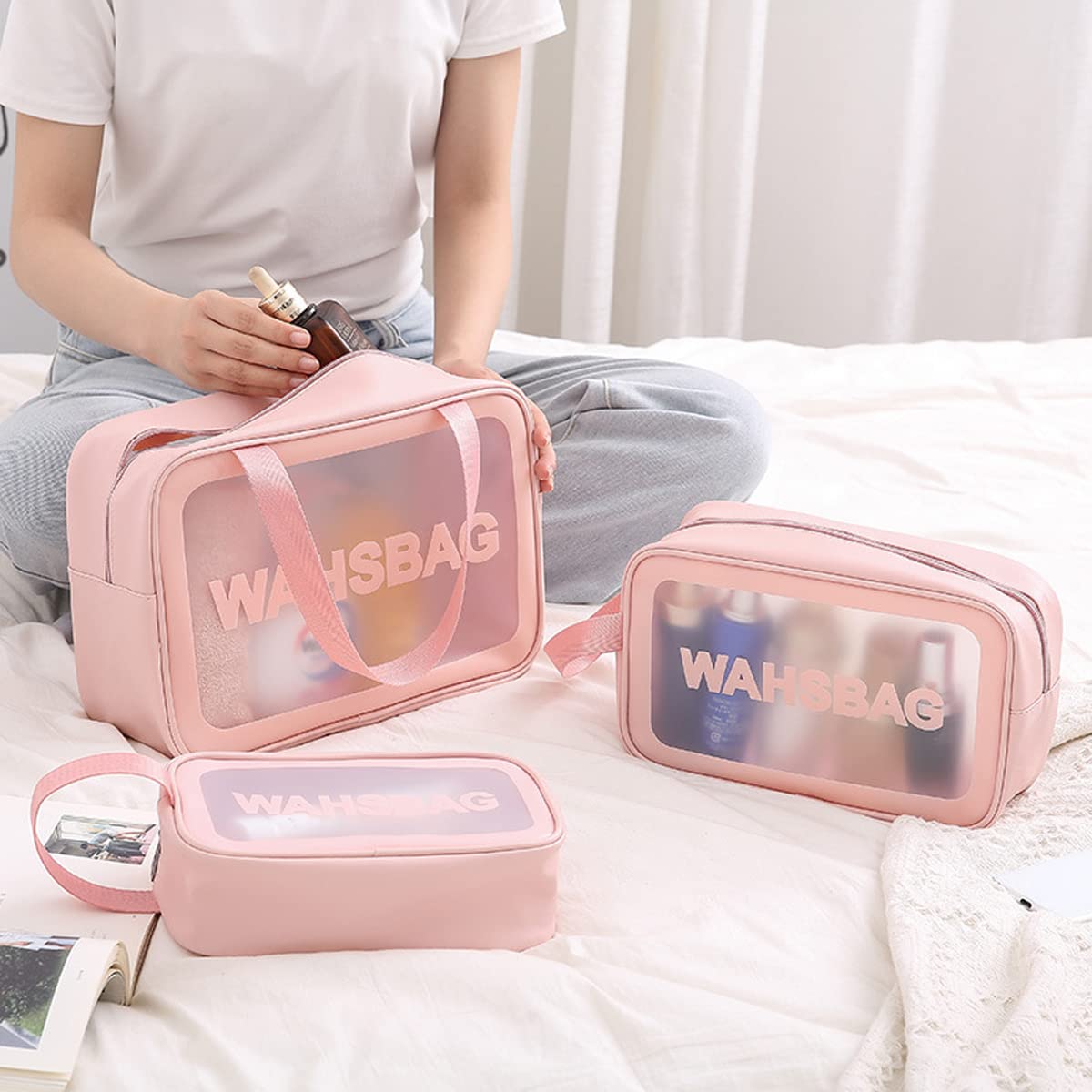 MAYCREATE® 3 Pcs Clear Makeup Pouch Set Cosmetic Organizer Bag for Women and Girls Travel Waterproof Toiletry Storage Kit for Home Travel Use (Pink)