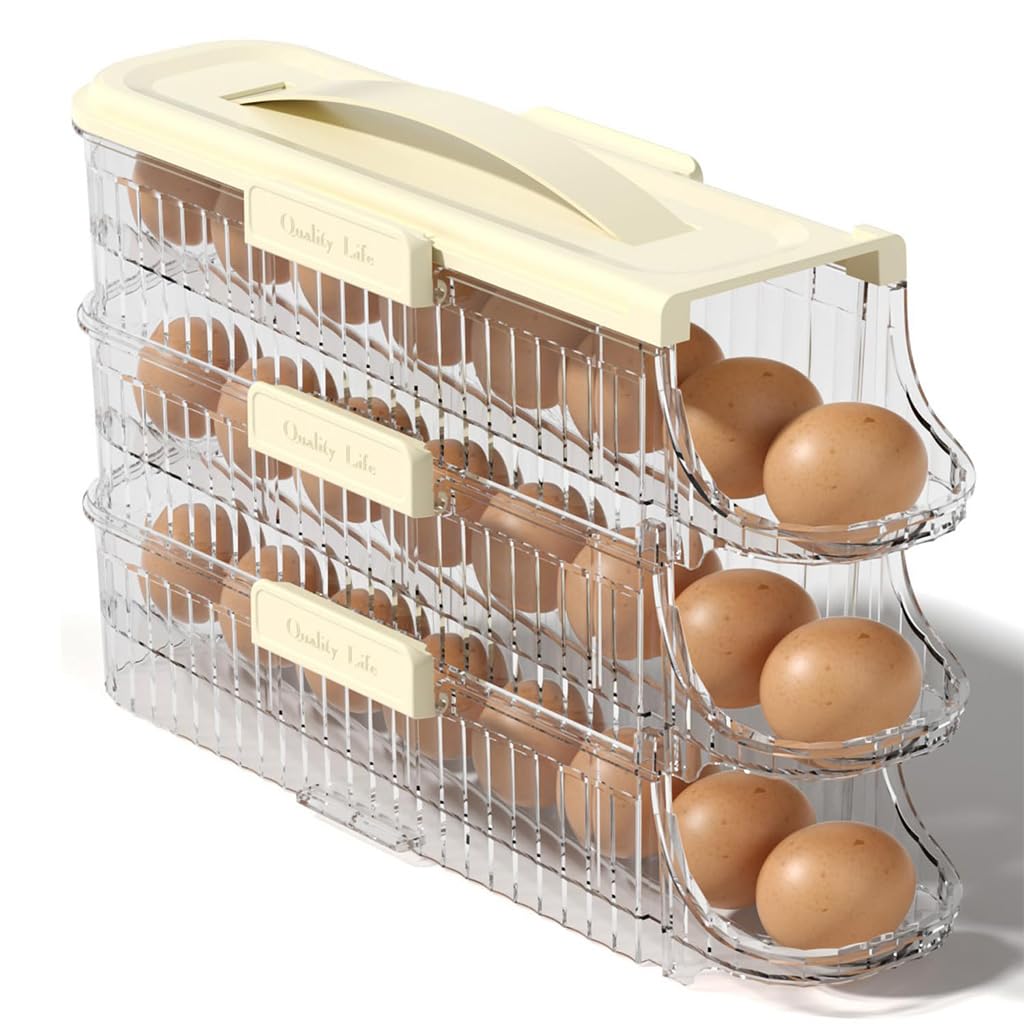 HASTHIP Egg Holder for Fridge with Automatic Rolling 3 Tiers and Removable Clear Tray