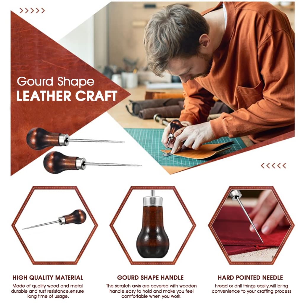 4 Pcs Awl Tool Needles Sewing Awl Hand Stitcher Gourd Shape Leather Craft Cloth Wooden Handle Scratch Awl Tool Pin Punching for Canvas Leather Pouch Hole DIY Shoes Repair