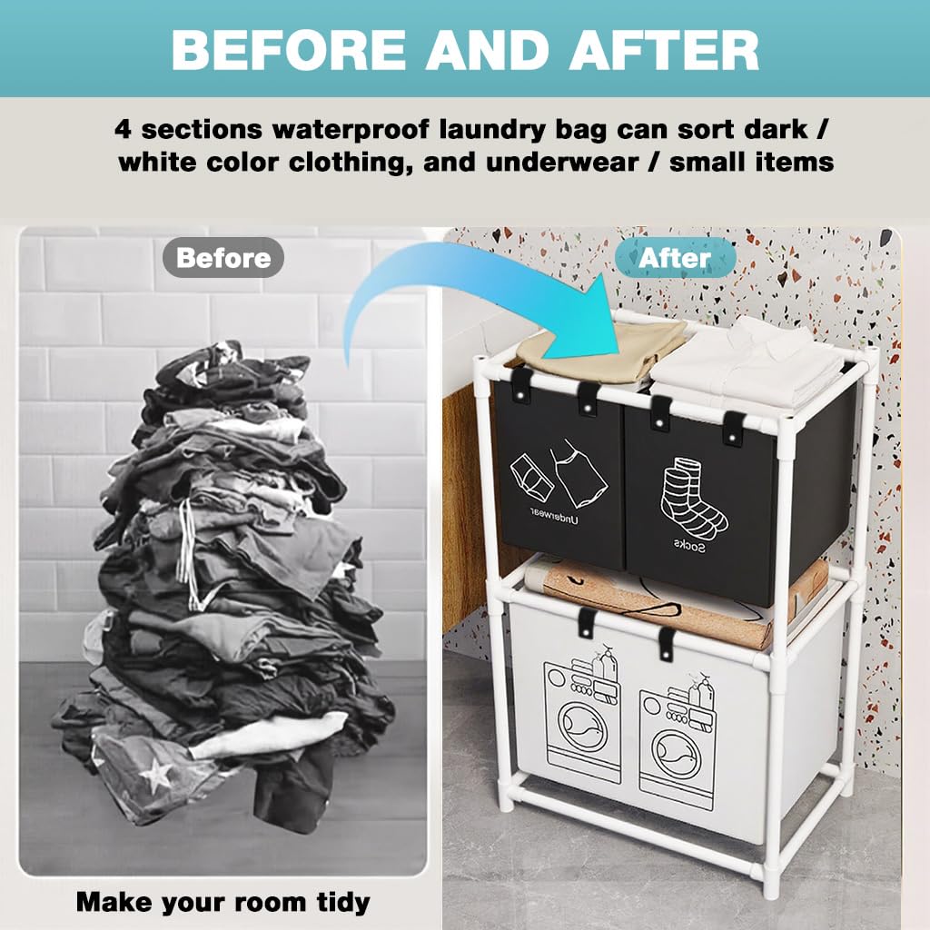 HASTHIP Laundry Basket for Clothes Sorting with Wheels and Metal Frame 57x28x97cm | 4 Compartment Double Layer Non Woven Fabric Freestanding Hamper